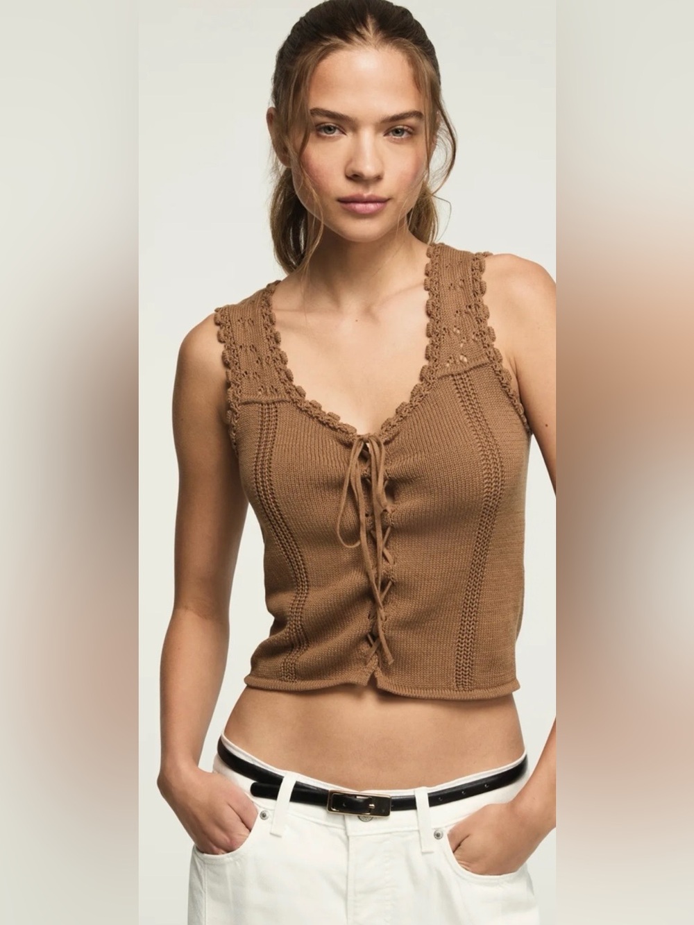 Lucky Brand Crochet-Trim Lace-Up Knit Tank in Brown